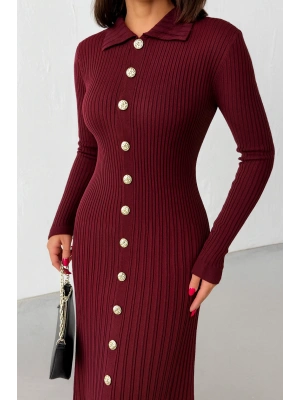 Kadın Bordo Gold Düğme detaylı Fitilli Uzun Triko Elbise