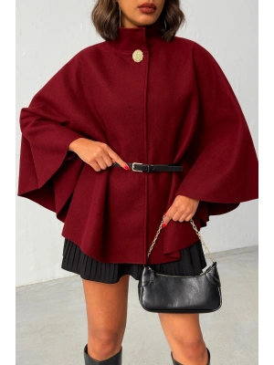 Kadın Bordo Gold Düğme ve Kemer Detaylı Kaşe Panço Ceket