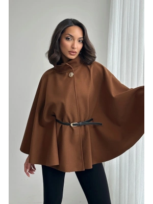 Kadın Taba Gold Düğme ve Kemer Detaylı Kaşe Panço Ceket