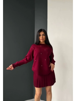 Kadın Bordo İnci Taş İşlemeli Kazak Etek Alt Üst İkili Triko Takım