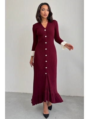 Kadın Bordo Şık Bilek Boy Kol Boydan Düğmeli Uzun Triko Elbise