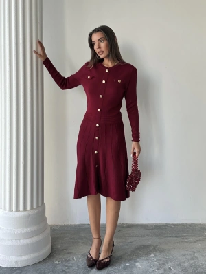 Kadın Bordo Şık Gold Düğme Detaylı Zarif Uzun Kol Triko Elbise