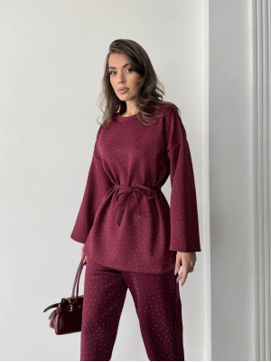 Kadın Bordo Taş İşlemeli Bel Bağlama Detaylı Bluz Pantolon Alt Üst İkili Takım