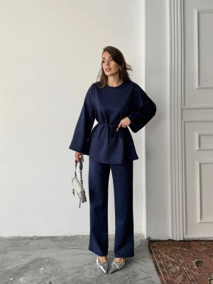 Kadın Lacivert Taş İşlemeli Bel Bağlama Detaylı Bluz Pantolon Alt Üst İkili Takım