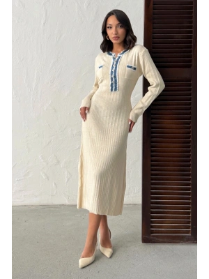 Kadın Ekru Düğmeli Jean Detaylı Triko Elbise