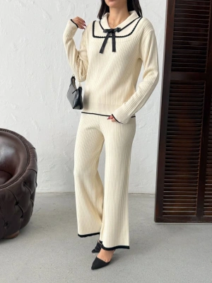 Kadın Ekru Fiyonk Detaylı Fitilli Alt Üst Şık Triko Takım