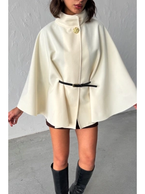 Kadın Ekru Gold Düğme ve Kemer Detaylı Kaşe Panço Ceket