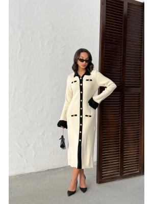 Kadın Ekru Şık Düğme Ve Kol Detaylı Triko Elbise
