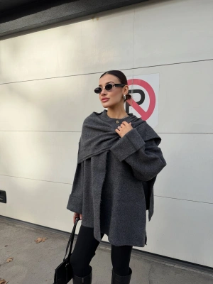 Kadın Gri Şal Detaylı Mevsimlik Kışlık Premium Triko Ceket