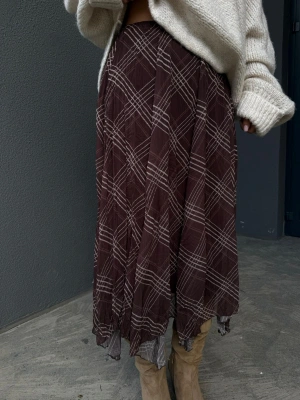 Kadın Kahverengi Astarlı Ekose Desenli Şifon Etek