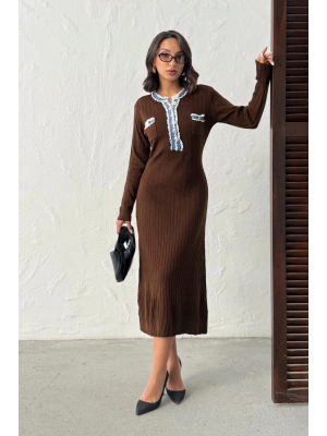 Kadın Kahverengi Düğmeli Jean Detaylı Triko Elbise