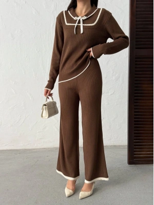 Kadın Kahverengi Fiyonk Detaylı Fitilli Alt Üst Şık Triko Takım