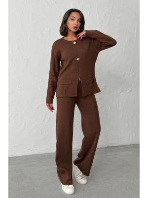Kadın Kahverengi Gold Düğme Detaylı Alt Üst İkili Triko Takım