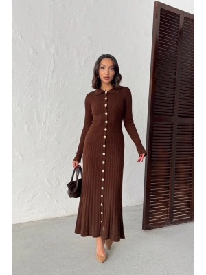 Kadın Kahverengi Gold Düğme detaylı Fitilli Uzun Triko Elbise