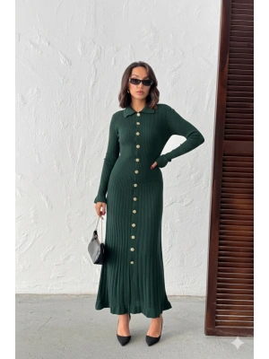 Kadın Nefti Yeşili Gold Düğme detaylı Fitilli Uzun Triko Elbise (Yeni Renk)