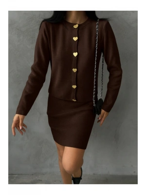 Kadın Kahverengi Gold Kalp Düğme Detaylı Hırka Etek Ikili Triko Takım