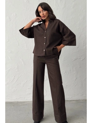 Kadın Kahverengi Gömlek Pantolon Premium Kalite Alt üst ikili Takım