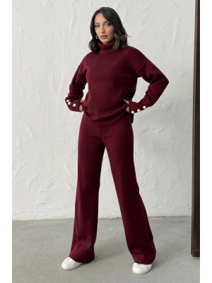 Kadın Bordo Kol Düğme Detaylı Bluz Etek Alt Üst İkili Triko Takım