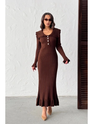 Kadın Kahverengi Kol Düğme ve Fırfır Detaylı Şık Uzun Triko Elbise (Yeni Renk)