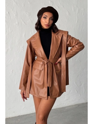 Kadın Kahverengi Kruvaze Yaka Kuşaklı Deri Ceket