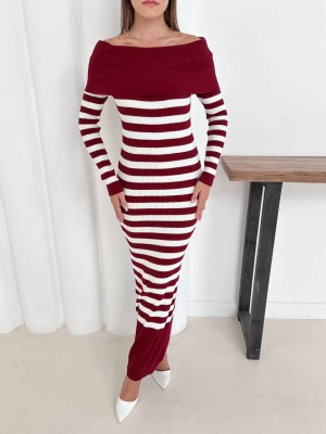 Kadın Bordo Madonna Kayık Yaka Esnek Midi Boy Triko Elbise