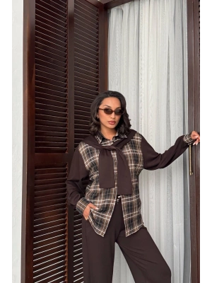 Kadın Kahverengi Omuzdan Bağlamalı Ekose Gömlek ve Pantolon 2li Takım