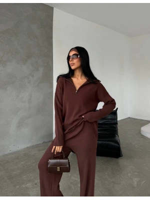 Kadın Kahverengi Rahat Kesim Fermuarlı Oversize Alt Üst ikili Triko Takım
