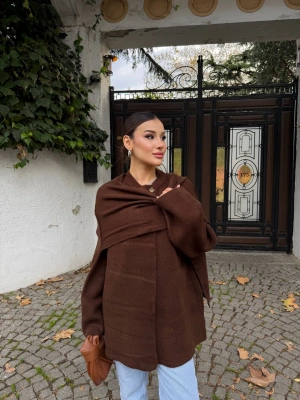 Kadın Kahverengi Şal Detaylı Mevsimlik Kışlık Premium Triko Ceket