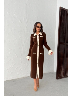 Kadın Kahverengi Şık Düğme Ve Kol Detaylı Triko Elbise