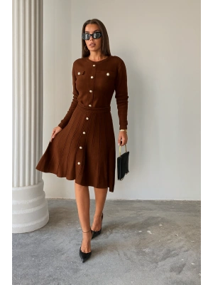Kadın Kahverengi Şık Gold Düğme Detaylı Zarif Uzun Kol Triko Elbise (Yeni Renk)