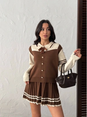 Kadın Kahverengi Şık Gül Fiyonk Detaylı Bluz Etek İkili Triko Takım