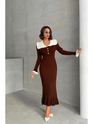 Kadın Kahverengi Şık Yaka Detaylı Midi Boy Triko Elbise