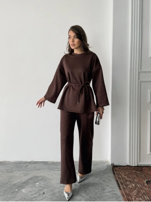 Kadın Kahverengi Taş İşlemeli Bel Bağlama Detaylı Bluz Pantolon Alt Üst İkili Takım