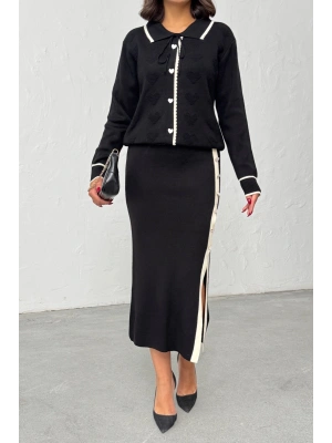 Kadın Kalp Düğme ve Kabartma Detaylı Etek Hırka Alt Üst İkili Zarif Triko Takım - Siyah