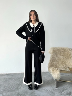 Kadın Siyah Kolu Saç Örgü Ve Şerit Detaylı Bebe Yaka Alt Üst Şık Triko Takım