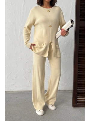 Kadın Krem Gold Düğme Detaylı Alt Üst İkili Triko Takım