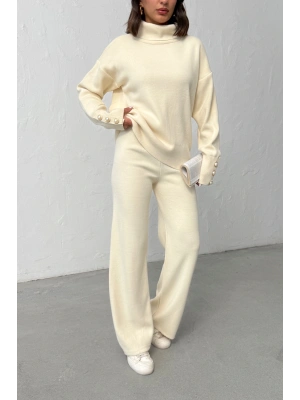 Kadın Krem Kol Düğme Detaylı Bluz Etek Alt Üst İkili Triko Takım