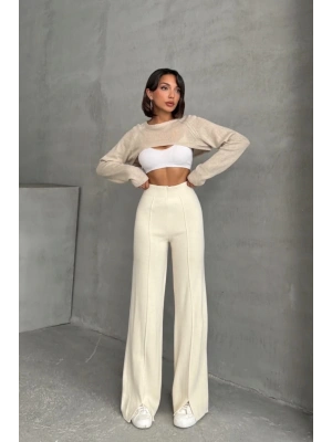 Kadın Krem Yüksek Bel Şık Şerit Detaylı Geniş Paça Triko Pantolon