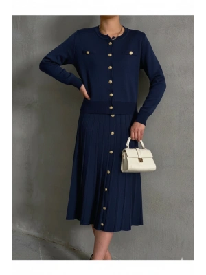 Kadın Lacivert Düğme Detaylı Hırka Midi Etek İkili Triko Takım S/m (Yeni Renk)