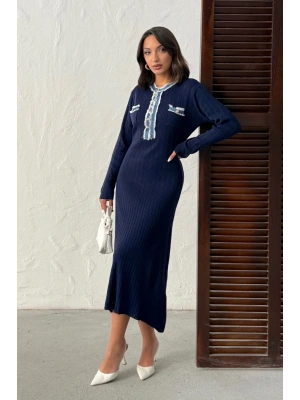 Kadın Lacivert Düğmeli Jean Detaylı Triko Elbise