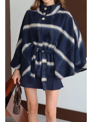 Kadın Lacivert Ekose Desenli Kemer Detaylı Premium Panço Ceket