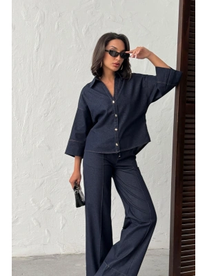 Kadın Lacivert Gömlek Pantolon Premium Kalite Alt üst ikili Takım