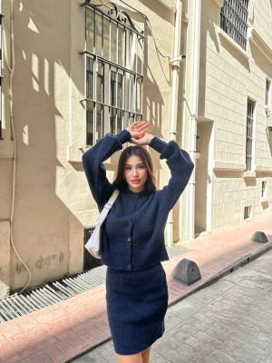 Kadın Lacivert Hırka Etek Alt Üst İkili Triko Takım
