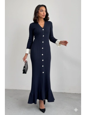 Kadın Lacivert Şık Bilek Boy Kol Boydan Düğmeli Uzun Triko Elbise
