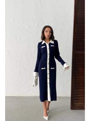 Kadın Lacivert Şık Düğme Ve Kol Detaylı Triko Elbise