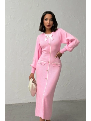 Kadın Pembe Şık Fiyonk Detaylı Balon Kol Zarif Triko Elbise