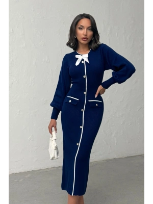 Kadın Lacivert Şık Fiyonk Detaylı Balon Kol Zarif Triko Elbise