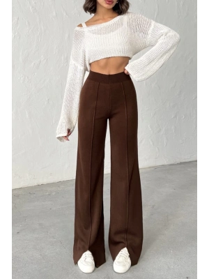 Kadın Kahverengi Yüksek Bel Şık Şerit Detaylı Geniş Paça Triko Pantolon