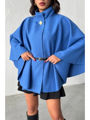 Kadın Mavi Gold Düğme ve Kemer Detaylı Kaşe Panço Ceket