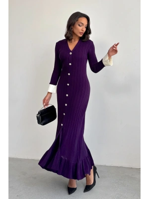 Kadın Mor Şık Bilek Boy Kol Boydan Düğmeli Uzun Triko Elbise